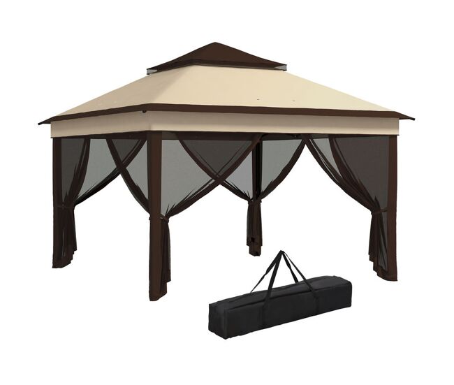 Outsunny carpa plegable 3x3x2,7 m cenador de jardín con doble techo altura ajustable 4 mosquiteras protección uv30+ impermeable y bolsa gazebo para exterior fiestas camping beige y café