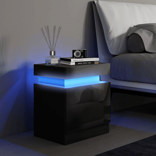 HOMCOM Mesa de Cabeceira com Luz LED Mesa de Cabeceira com Painel de Alto Brilho 2 Gavetas e Controlo Remoto para Sala de Estar Dormitório 45x35x52 cm Preto