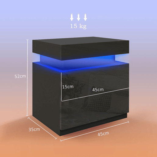 HOMCOM Mesa de Cabeceira com Luz LED Mesa de Cabeceira com Painel de Alto Brilho 2 Gavetas e Controlo Remoto para Sala de Estar Dormitório 45x35x52 cm Preto
