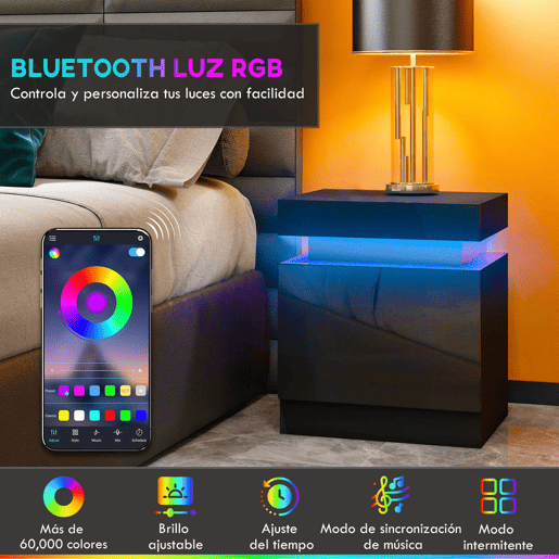 HOMCOM Mesa de Cabeceira com Luz LED Mesa de Cabeceira com Painel de Alto Brilho 2 Gavetas e Controlo Remoto para Sala de Estar Dormitório 45x35x52 cm Preto