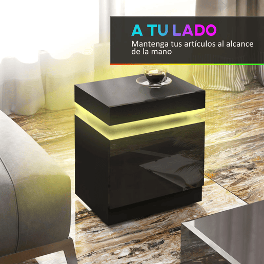 HOMCOM Mesa de Cabeceira com Luz LED Mesa de Cabeceira com Painel de Alto Brilho 2 Gavetas e Controlo Remoto para Sala de Estar Dormitório 45x35x52 cm Preto