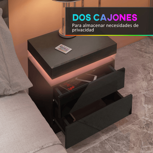 HOMCOM Mesa de Cabeceira com Luz LED Mesa de Cabeceira com Painel de Alto Brilho 2 Gavetas e Controlo Remoto para Sala de Estar Dormitório 45x35x52 cm Preto