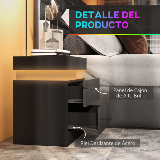 HOMCOM Mesa de Cabeceira com Luz LED Mesa de Cabeceira com Painel de Alto Brilho 2 Gavetas e Controlo Remoto para Sala de Estar Dormitório 45x35x52 cm Preto