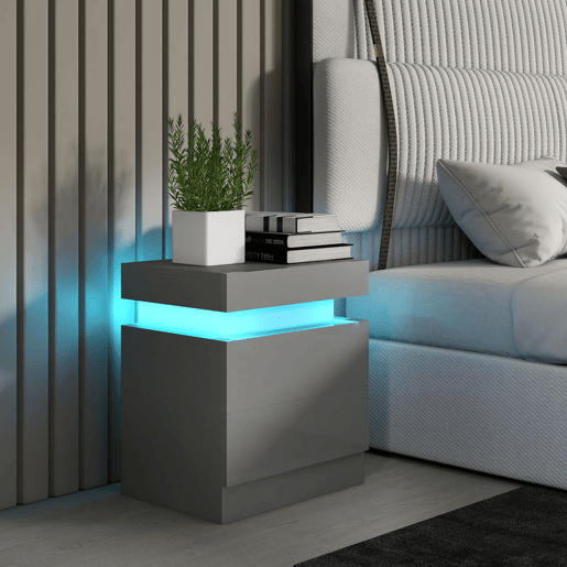 HOMCOM Mesa de Cabeceira com Luzes LED RGB de 3 Cores com 2 Gavetas de Alto Brilho Interruptor com Cabo e Controlo por APP Mesa Auxiliar para Quarto Sala Cinza 45x35x52 cm HOMCOM Mesa de Cabeceira com Luzes LED RGB de 3 Cores com 2 Gavetas de Alto Brilho Interruptor com Cabo e Controlo por APP Mesa Auxiliar para Quarto Sala Cinza 45x35x52 cm