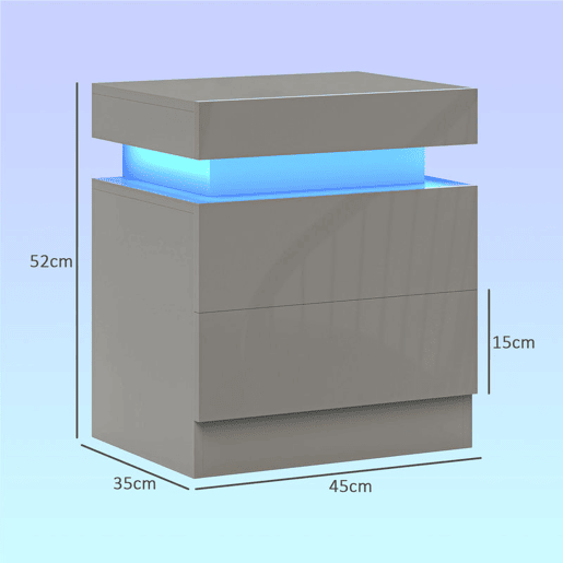 HOMCOM Mesa de Cabeceira com Luzes LED RGB de 3 Cores com 2 Gavetas de Alto Brilho Interruptor com Cabo e Controlo por APP Mesa Auxiliar para Quarto Sala Cinza 45x35x52 cm HOMCOM Mesa de Cabeceira com Luzes LED RGB de 3 Cores com 2 Gavetas de Alto Brilho Interruptor com Cabo e Controlo por APP Mesa Auxiliar para Quarto Sala Cinza 45x35x52 cm