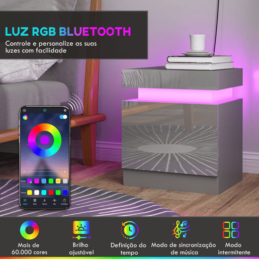 HOMCOM Mesa de Cabeceira com Luzes LED RGB de 3 Cores com 2 Gavetas de Alto Brilho Interruptor com Cabo e Controlo por APP Mesa Auxiliar para Quarto Sala Cinza 45x35x52 cm HOMCOM Mesa de Cabeceira com Luzes LED RGB de 3 Cores com 2 Gavetas de Alto Brilho Interruptor com Cabo e Controlo por APP Mesa Auxiliar para Quarto Sala Cinza 45x35x52 cm