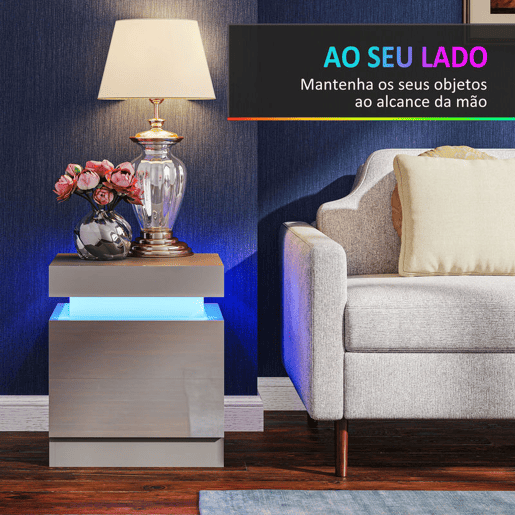 HOMCOM Mesa de Cabeceira com Luzes LED RGB de 3 Cores com 2 Gavetas de Alto Brilho Interruptor com Cabo e Controlo por APP Mesa Auxiliar para Quarto Sala Cinza 45x35x52 cm HOMCOM Mesa de Cabeceira com Luzes LED RGB de 3 Cores com 2 Gavetas de Alto Brilho Interruptor com Cabo e Controlo por APP Mesa Auxiliar para Quarto Sala Cinza 45x35x52 cm
