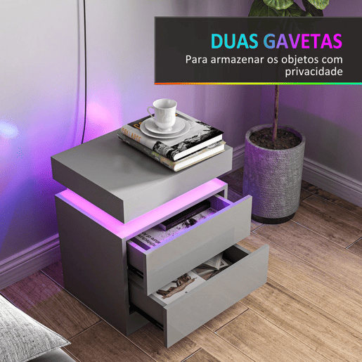 HOMCOM Mesa de Cabeceira com Luzes LED RGB de 3 Cores com 2 Gavetas de Alto Brilho Interruptor com Cabo e Controlo por APP Mesa Auxiliar para Quarto Sala Cinza 45x35x52 cm HOMCOM Mesa de Cabeceira com Luzes LED RGB de 3 Cores com 2 Gavetas de Alto Brilho Interruptor com Cabo e Controlo por APP Mesa Auxiliar para Quarto Sala Cinza 45x35x52 cm
