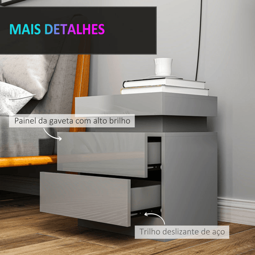 HOMCOM Mesa de Cabeceira com Luzes LED RGB de 3 Cores com 2 Gavetas de Alto Brilho Interruptor com Cabo e Controlo por APP Mesa Auxiliar para Quarto Sala Cinza 45x35x52 cm HOMCOM Mesa de Cabeceira com Luzes LED RGB de 3 Cores com 2 Gavetas de Alto Brilho Interruptor com Cabo e Controlo por APP Mesa Auxiliar para Quarto Sala Cinza 45x35x52 cm