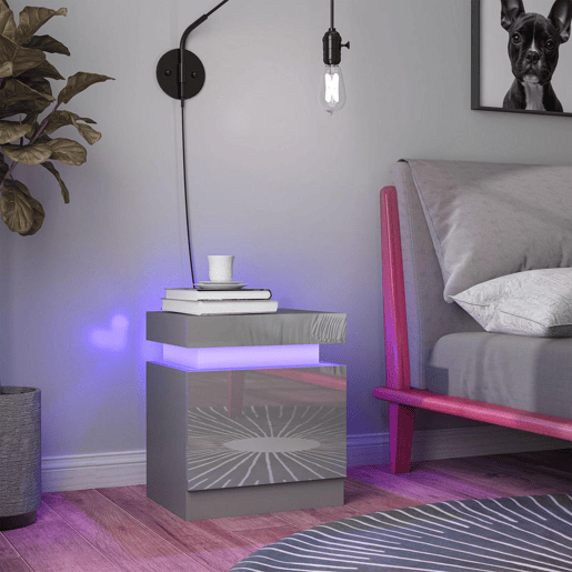 HOMCOM Mesa de Cabeceira com Luzes LED RGB de 3 Cores com 2 Gavetas de Alto Brilho Interruptor com Cabo e Controlo por APP Mesa Auxiliar para Quarto Sala Cinza 45x35x52 cm HOMCOM Mesa de Cabeceira com Luzes LED RGB de 3 Cores com 2 Gavetas de Alto Brilho Interruptor com Cabo e Controlo por APP Mesa Auxiliar para Quarto Sala Cinza 45x35x52 cm