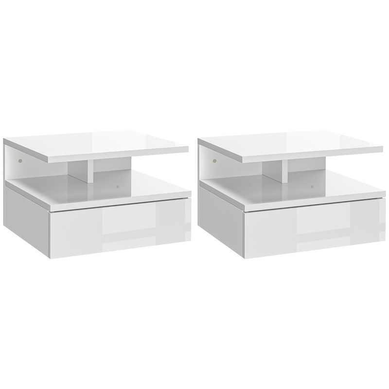 Homcom juego de 2 mesitas de noche flotantes, mesillas de noche dormitorio con cajón, estante abierto, ahorra espacio, diseño moderno, para sala de estar, 35x32x22,5 cm, blanco brillo