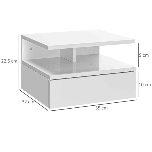 HOMCOM Conjunto de 2 Mesas de Cabeceira Flutuantes, Mesas de Cabeceira com Gaveta e Prateleira Aberta, Design Moderno, Ideal para Quarto e Sala de Estar, 35x32x22,5 cm, Branco Brilhante
