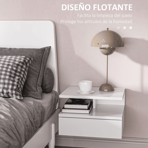 HOMCOM Conjunto de 2 Mesas de Cabeceira Flutuantes, Mesas de Cabeceira com Gaveta e Prateleira Aberta, Design Moderno, Ideal para Quarto e Sala de Estar, 35x32x22,5 cm, Branco Brilhante