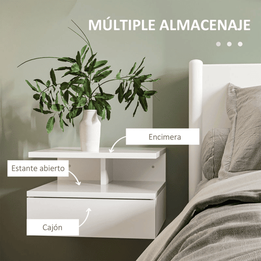 HOMCOM Conjunto de 2 Mesas de Cabeceira Flutuantes, Mesas de Cabeceira com Gaveta e Prateleira Aberta, Design Moderno, Ideal para Quarto e Sala de Estar, 35x32x22,5 cm, Branco Brilhante