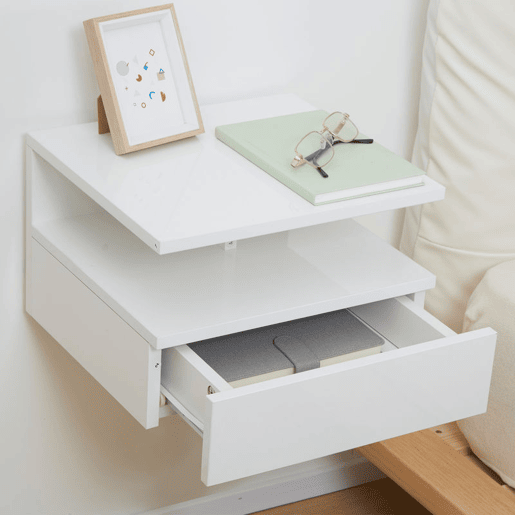 HOMCOM Conjunto de 2 Mesas de Cabeceira Flutuantes, Mesas de Cabeceira com Gaveta e Prateleira Aberta, Design Moderno, Ideal para Quarto e Sala de Estar, 35x32x22,5 cm, Branco Brilhante