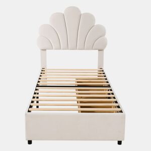 Cama individual estofada em veludo com 2 gavetas - 90x200cm - cabeceira em forma de flor - com estrado de molas - Bege