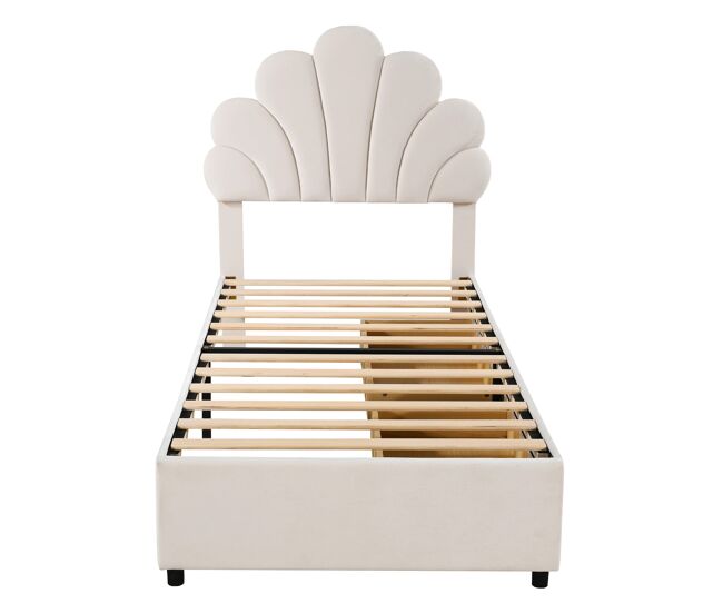 Cama individual tapizada en terciopelo con 2 cajones - 90x200cm - cabecero en forma de flor - con somier - beige