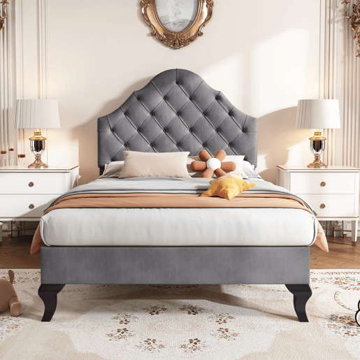 Cama estofada em veludo 90x200 cm com cabeceira regulável + estrado - Cinzento