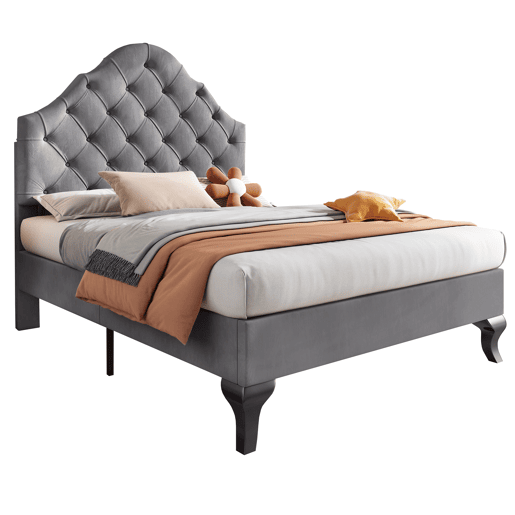 Cama estofada em veludo 90x200 cm com cabeceira regulável + estrado - Cinzento