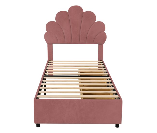Cama individual tapizada en terciopelo con 2 cajones - 90x200cm - cabecero en forma de flor - con somier - rojo