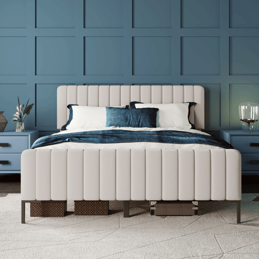 Cama de adulto estofada em tecido de linho - 140x200 cm - com cabeceira regulável e estrado de ripas - Cinzento claro