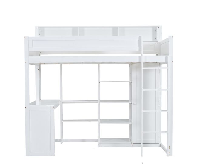Cama alta de madera de pino y mdf - 90x200 cm - con estantes arriba, escritorio y armario - blanco