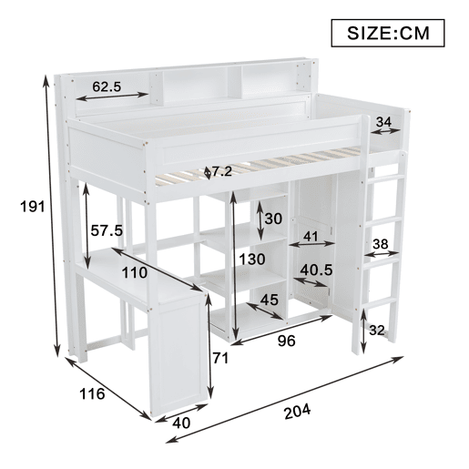 Cama alta em madeira de pinho e MDF - 90x200 cm - com prateleiras superiores, secretária e roupeiro - Branco
