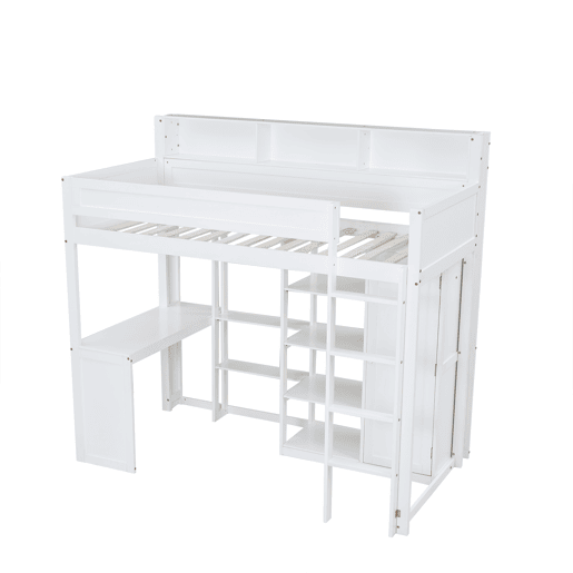 Cama alta em madeira de pinho e MDF - 90x200 cm - com prateleiras superiores, secretária e roupeiro - Branco