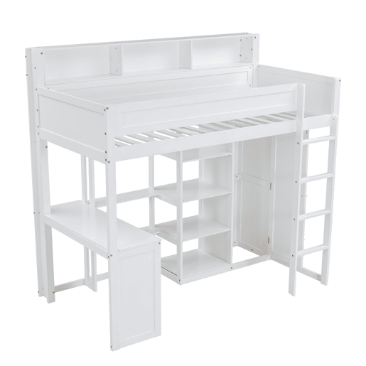 Cama alta em madeira de pinho e MDF - 90x200 cm - com prateleiras superiores, secretária e roupeiro - Branco