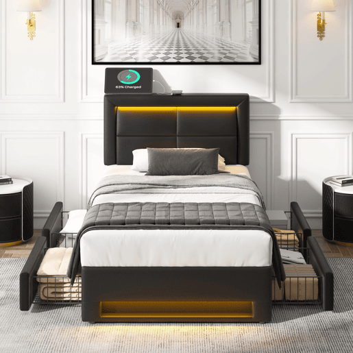 Cama em pele sintética com gavetas 90x200 cm - com LED e portas de carregamento (com e sem fios) - Preto