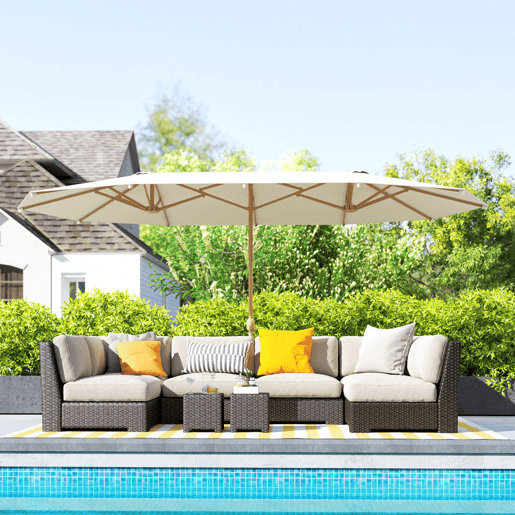 Outsunny Chapéu de Sol Duplo 4,6x2,7 m para Terraço Exterior com Manivela Manual, Resistente à Água e com Proteção Solar, Grande para Terraço, Praia e Piscina, Bege