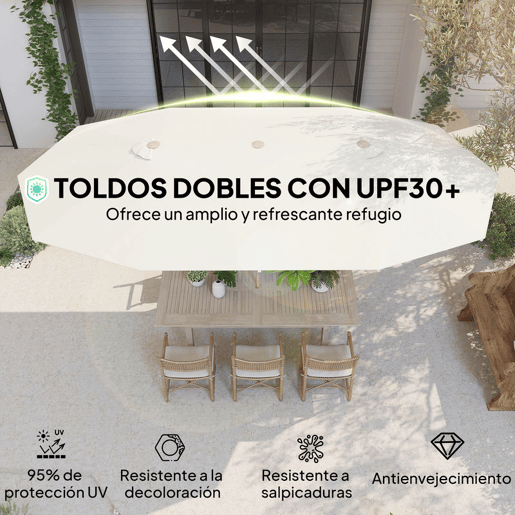 Outsunny Chapéu de Sol Duplo 4,6x2,7 m para Terraço Exterior com Manivela Manual, Resistente à Água e com Proteção Solar, Grande para Terraço, Praia e Piscina, Bege
