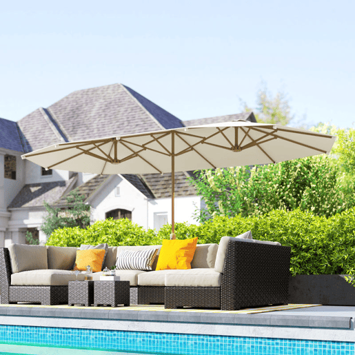 Outsunny Chapéu de Sol Duplo 4,6x2,7 m para Terraço Exterior com Manivela Manual, Resistente à Água e com Proteção Solar, Grande para Terraço, Praia e Piscina, Bege