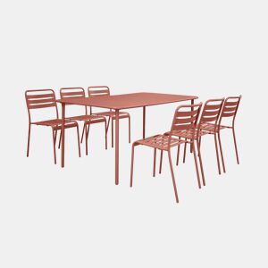 Mesa de jardim em metal com 6 cadeiras, Amelia, Terracota, 160x90x72.5 cm