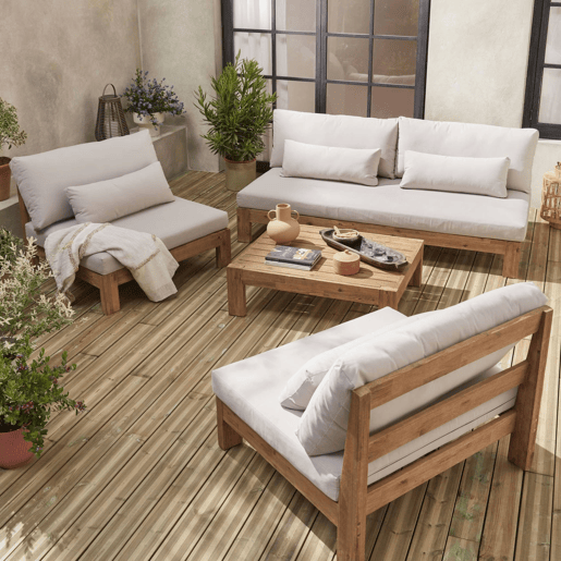Conjunto de sofá de jardim relax em madeira, 5 lugares, Bahia, Madeira, 205x94x77 cm