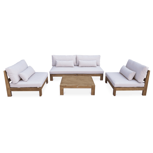 Conjunto de sofá de jardim relax em madeira, 5 lugares, Bahia, Madeira, 205x94x77 cm