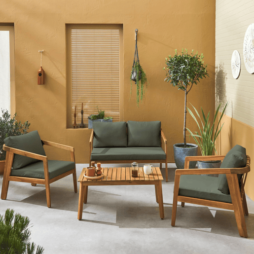 Conjunto de jardim relax de 4 lugares com sofá em madeira de acácia , Loberia, Caqui, 117x64x74 cm