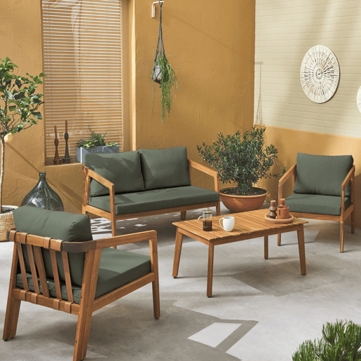 Conjunto de jardim relax de 4 lugares com sofá em madeira de acácia , Loberia, Caqui, 117x64x74 cm