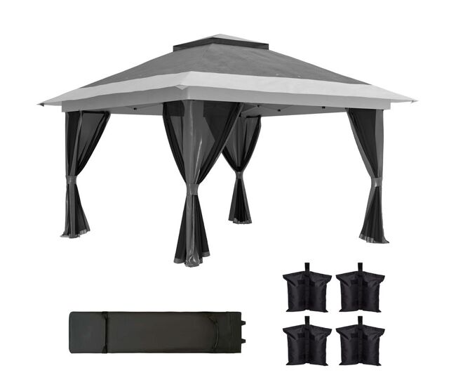 Outsunny carpa plegable gazebo, 3,6x3,6 m, cenador plegable con 4 paredes laterales de malla, anti-uv, altura ajustable, bolsa de arena y bolsa de transporte, para camping, fiestas, gris oscuro
