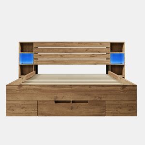 Cama de adulto 160×200 cm em madeira - com luz de leitura + tomadas de carregamento - com estrado de ripas - Natural