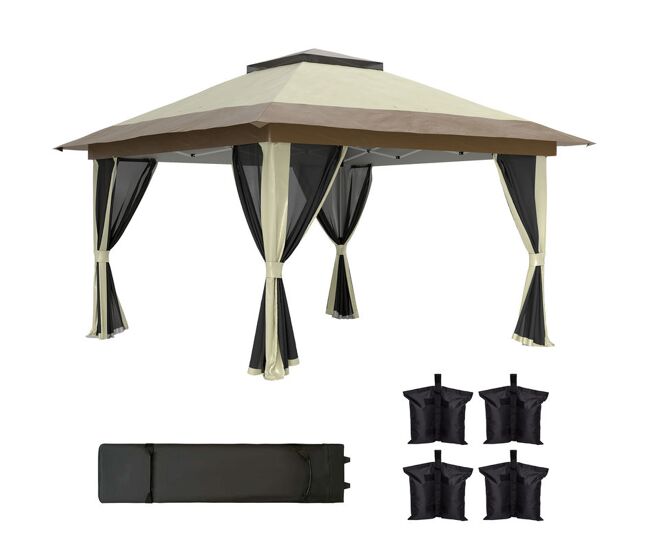 Outsunny carpa plegable gazebo, 3,6x3,6 m, cenador plegable con 4 paredes laterales de malla, anti-uv, altura ajustable, bolsa de arena y bolsa de transporte, para camping, fiestas, crema