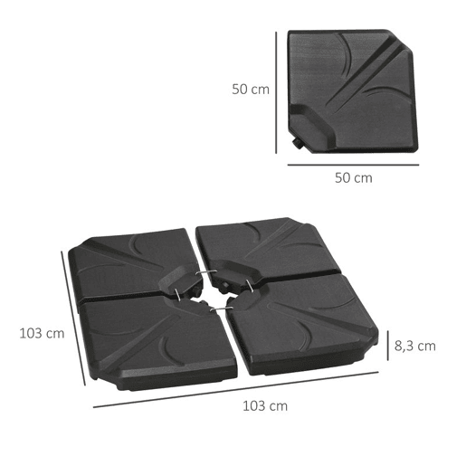 Outsunny Base para Chapéu de Sol de 4 Peças Suporte para Chapéu de Sol Recarregável com Areia 72 kg ou Água 56 kg para Jardim Pátio ou Terraço Preto