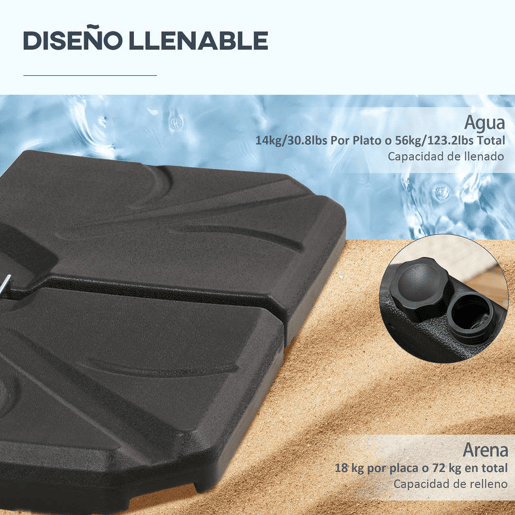 Outsunny Base para Chapéu de Sol de 4 Peças Suporte para Chapéu de Sol Recarregável com Areia 72 kg ou Água 56 kg para Jardim Pátio ou Terraço Preto