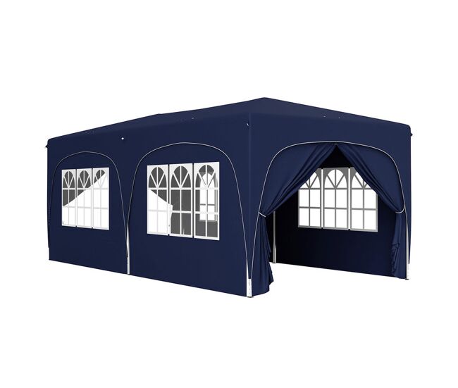 Outsunny carpa plegable 3x6 m, cenador pabellón de jardín con altura ajustable de 3 niveles, 4 paredes laterales, ventanas y bolsa transporte, upf50+, impermeable para fiestas, exterior, azul oscuro