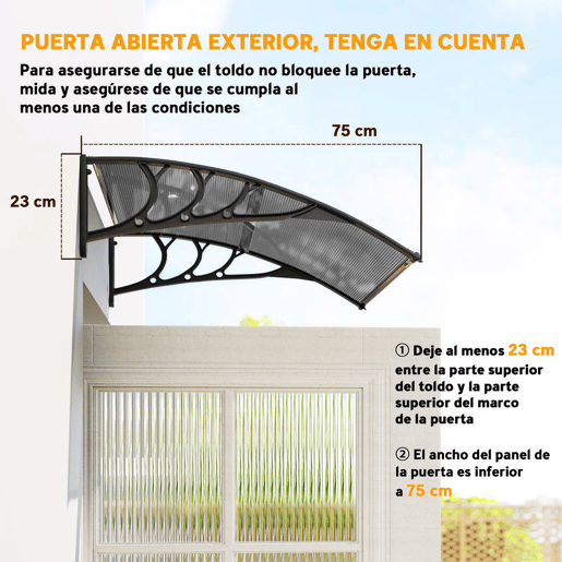 Outsunny Marquise para Portas e Janelas 100x75x23 cm Marquise de Proteção contra Sol e Chuva com Cobertura de Policarbonato Preto