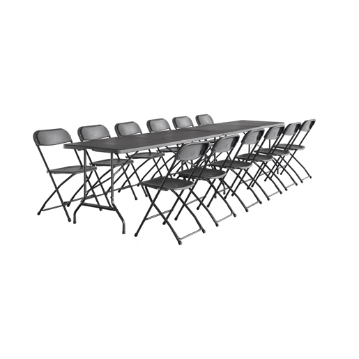 Set de 2 mesas de receção dobráveis em plástico + 12 cadeiras, Fiesta 12, Cinza escuro, 180x69.5x73.5 cm