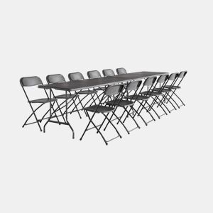 Set de 2 mesas de receção dobráveis em plástico + 12 cadeiras, Fiesta 12, Cinza escuro, 180x69.5x73.5 cm