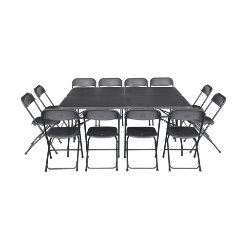 Set de 2 mesas de receção dobráveis em plástico + 12 cadeiras, Fiesta 12, Cinza escuro, 180x69.5x73.5 cm