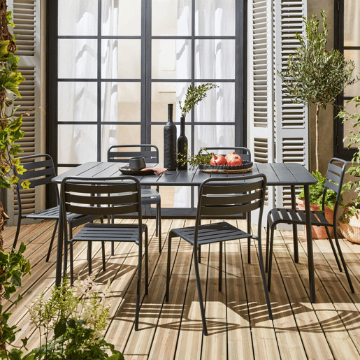 Mesa de jardim em metal com 6 cadeiras, Amelia, Antracite, 160x90x72.5 cm