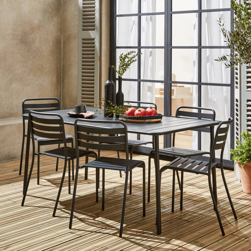 Mesa de jardim em metal com 6 cadeiras, Amelia, Antracite, 160x90x72.5 cm